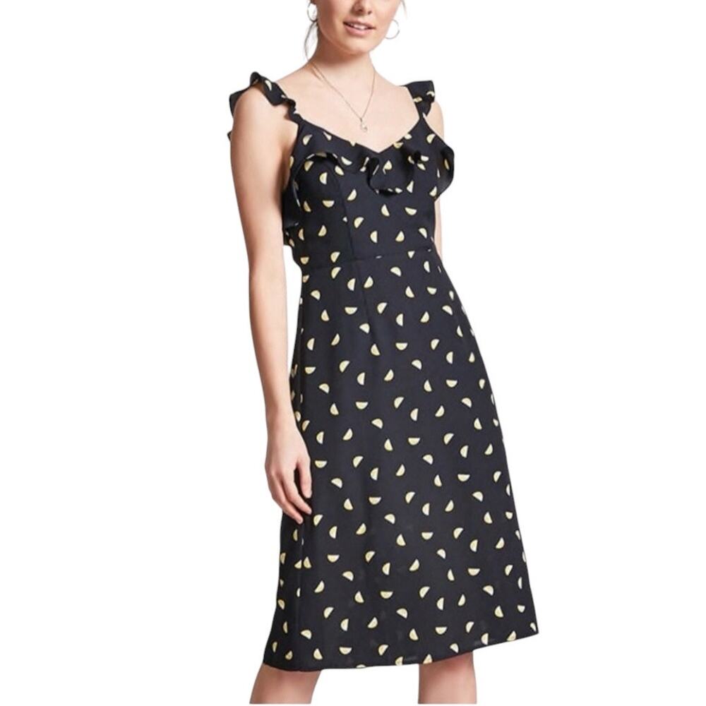 Forever 21 Lemon Print Sleeveless Ruffle Trim Dress Black & Yellow Size Large